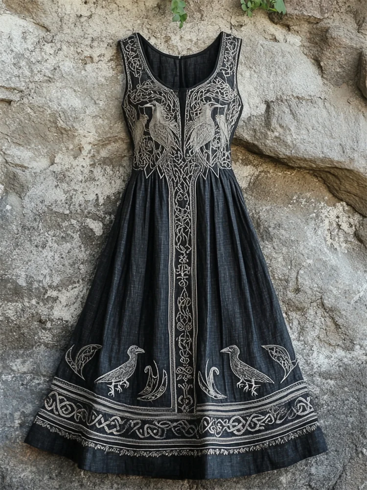 Vintage Viking Celtic Ravens Medieval Linen Maxi Dress