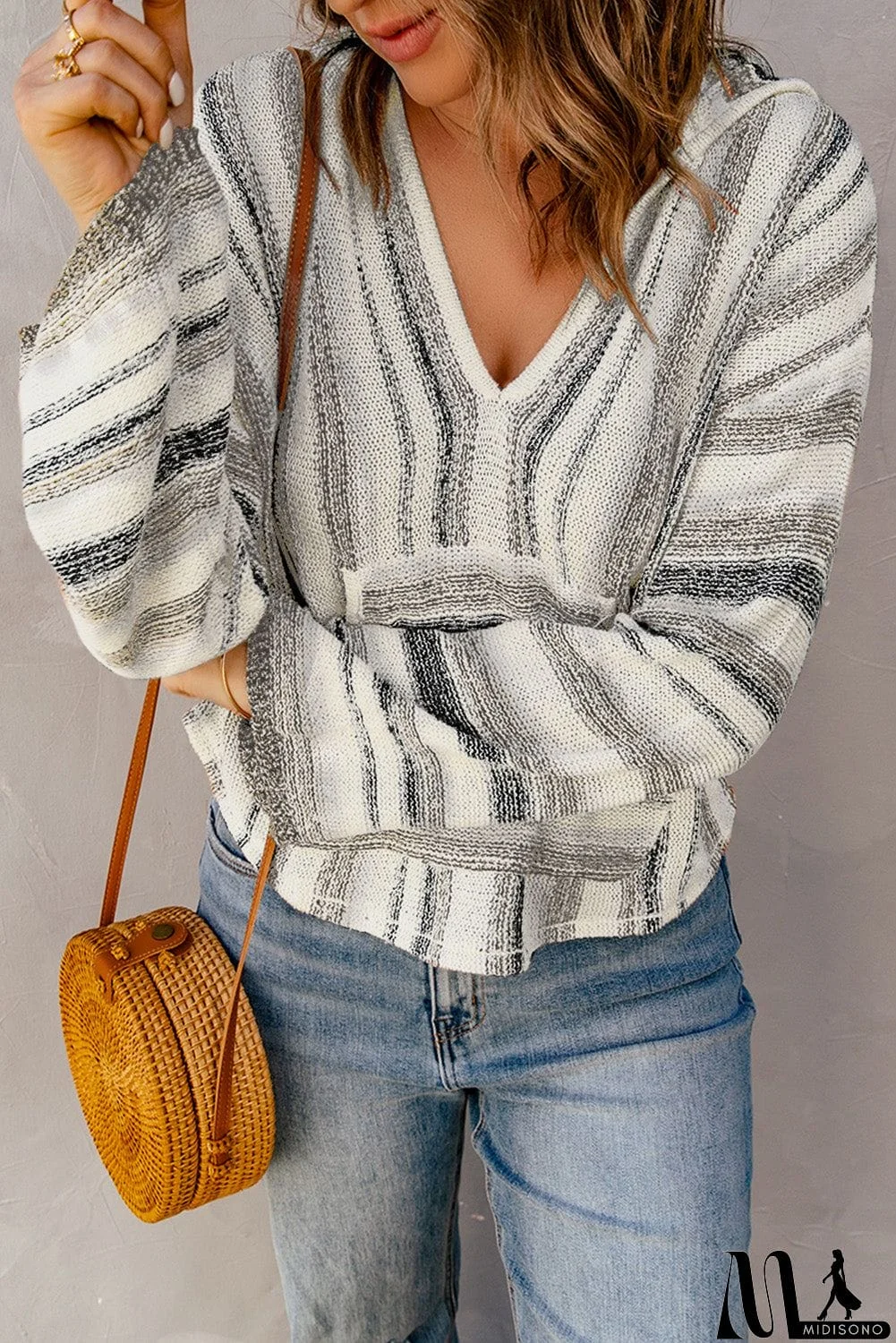 MidiSono - color Striped Knit Kangaroo Pocket Hooded Sweater