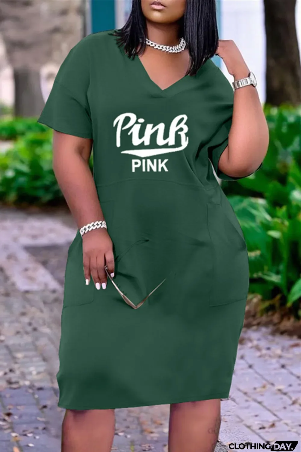 Red Fashion Casual Letter Print Basic V Neck Short Sleeve Dress Dresses