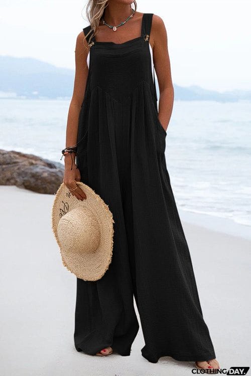Solid Button Sling Wide-Leg Jumpsuit