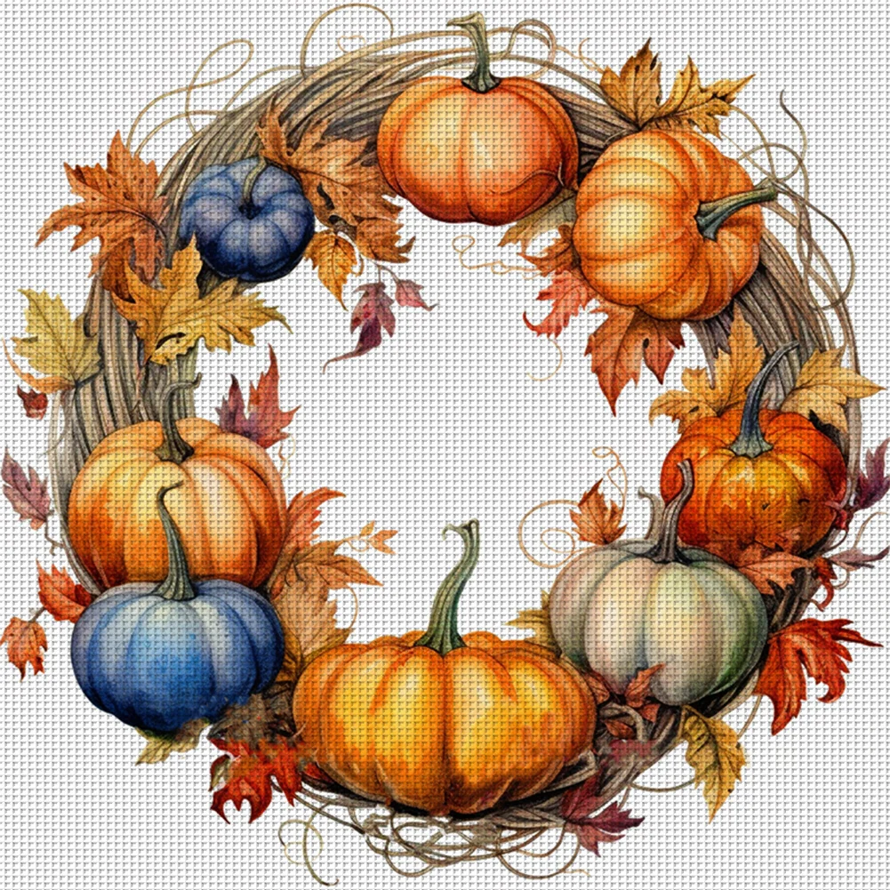 DIY Stamped Cross Stitch 11CT Full Embroidery 40*40cm - Fall Pumpkin Wreath