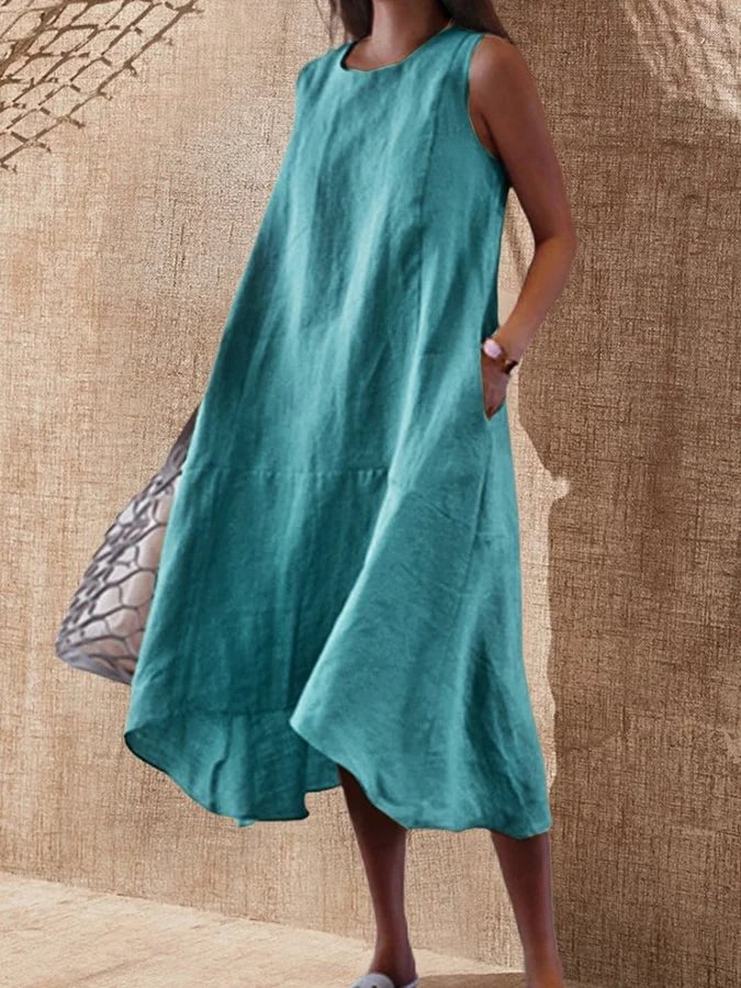 Women's Cotton Linen Round Neck Sleeveless Casual Dress
