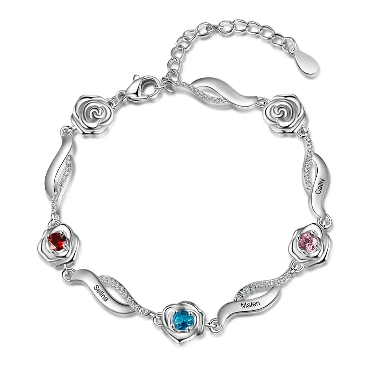 Personalised Rose Bracelet With 3 Birthstones Custom Names Bracelet Gift For Women
