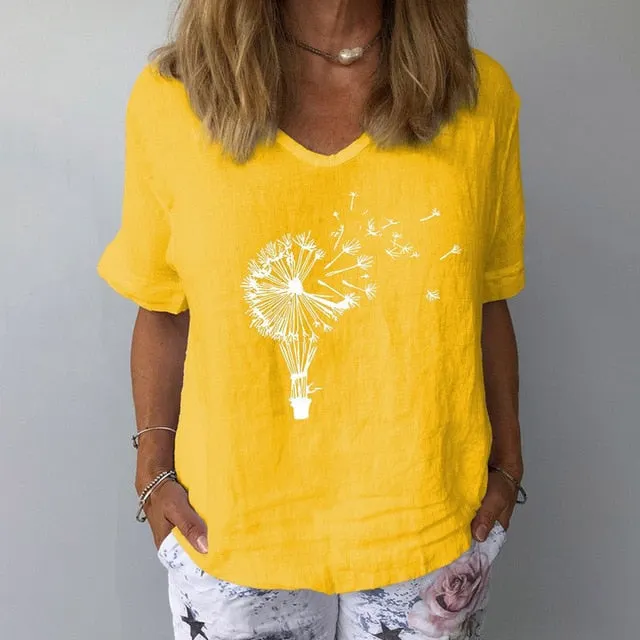 Women Summer Cotton Linen Blouse Casual V Neck Short Sleeve Femme Blouse Shirt New Letter Print 2022 Blusas Womens Tops S-3XL