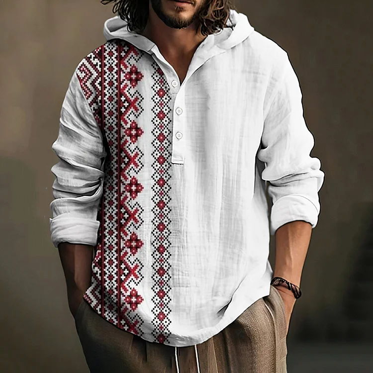 Men's Be Free And Peace Forever Print Casual Linen Hooded Shirt