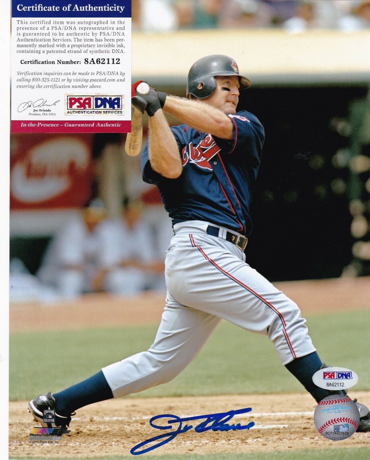 JIM THOME CLEVELAND INDIANS PSA/DNA AUTHENTICATED ACTION SIGNED 8x10