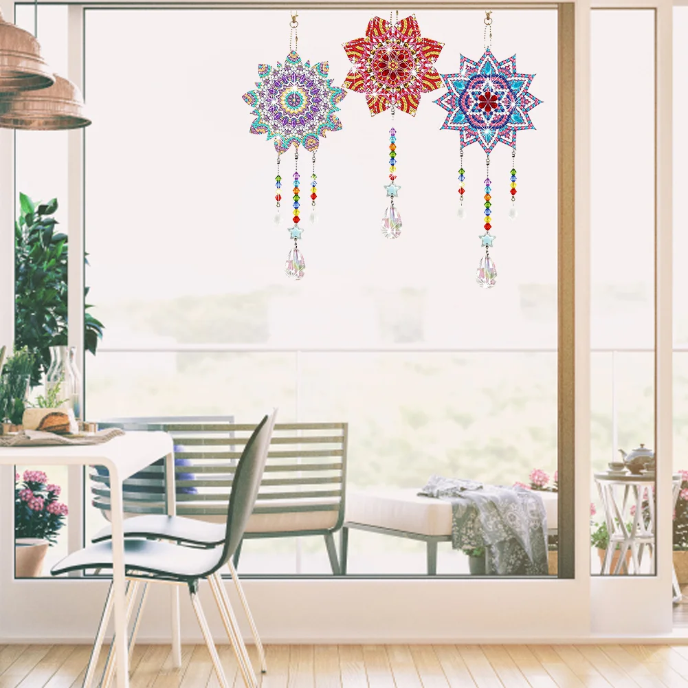3pcs DIY Mandala Suncatcher Double Sided Diamond Painting Art Pendant