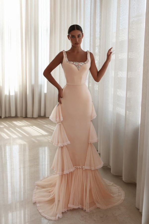Square Neck Wide Shoulder Straps Sleeveless High-Waisted Long Mermaid Prom Dress With Pleated And Sequins | WQ0483 Wellcucu