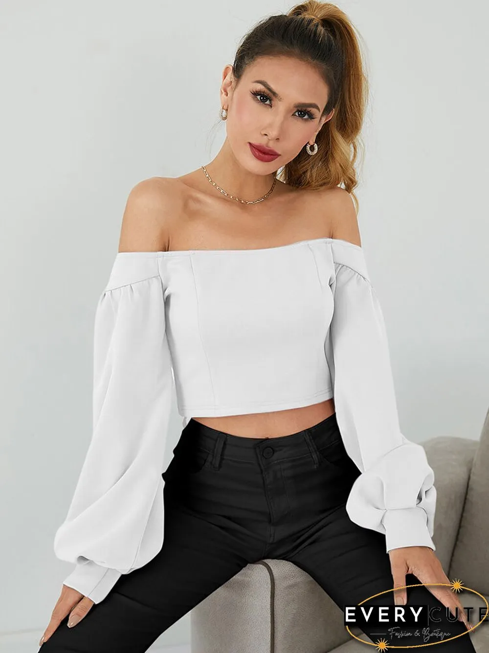 Solid Lantern Long Sleeve Off The Shoulder Crop Top