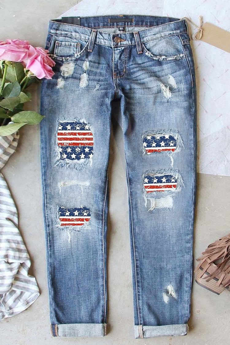 American Flag Print Basic Ripped Jeans