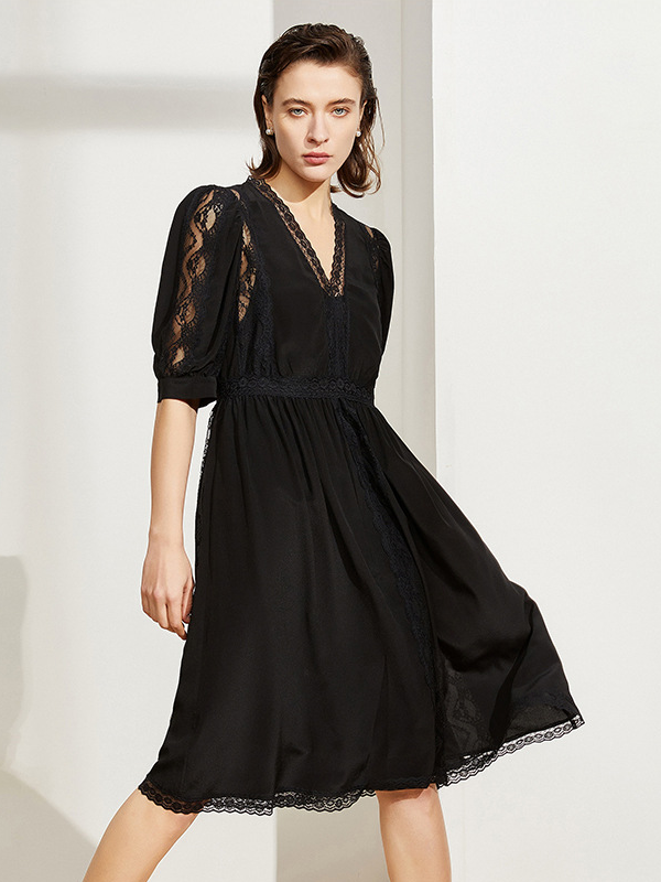 Bubble Sleeve Black Lacey Silk Dress
