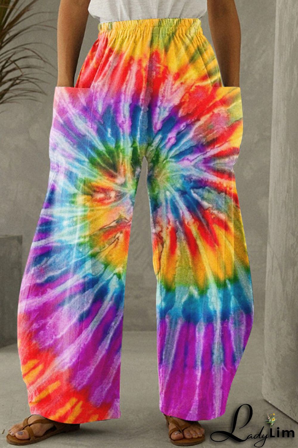 Dark Blue Fashion Casual Print Tie Dye Patchwork Regular High Waist Trousers