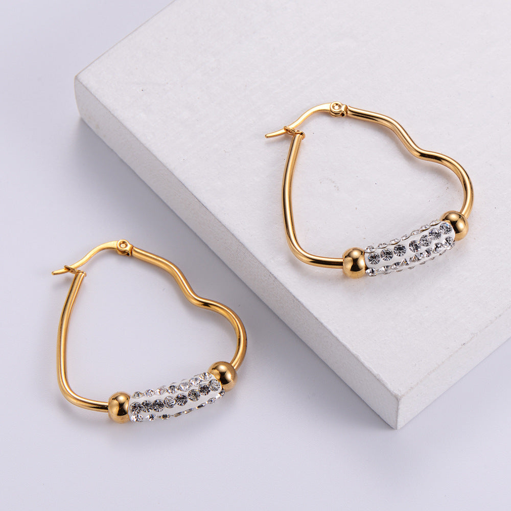 Women Minimalist Geometric Metal Heart Stainless Steel Diamond Inlay Earrings