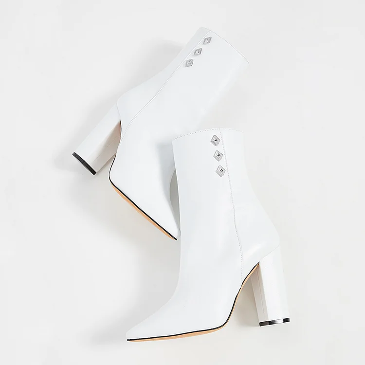 White Pointy Toe Chunky Heel Boots Ankle Boots for Women |FSJ Shoes