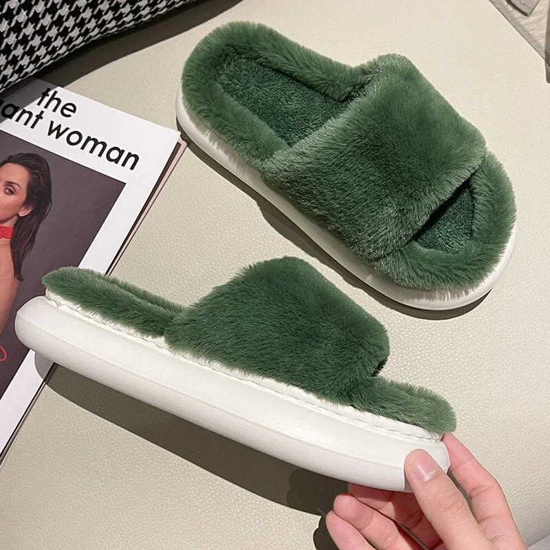 Winter Women&#39;s Slippers Thick-bottomed Fur Furry Slippers for Home Soft Platform Shoes 2022 Indoor House Warm Cotton Slippers