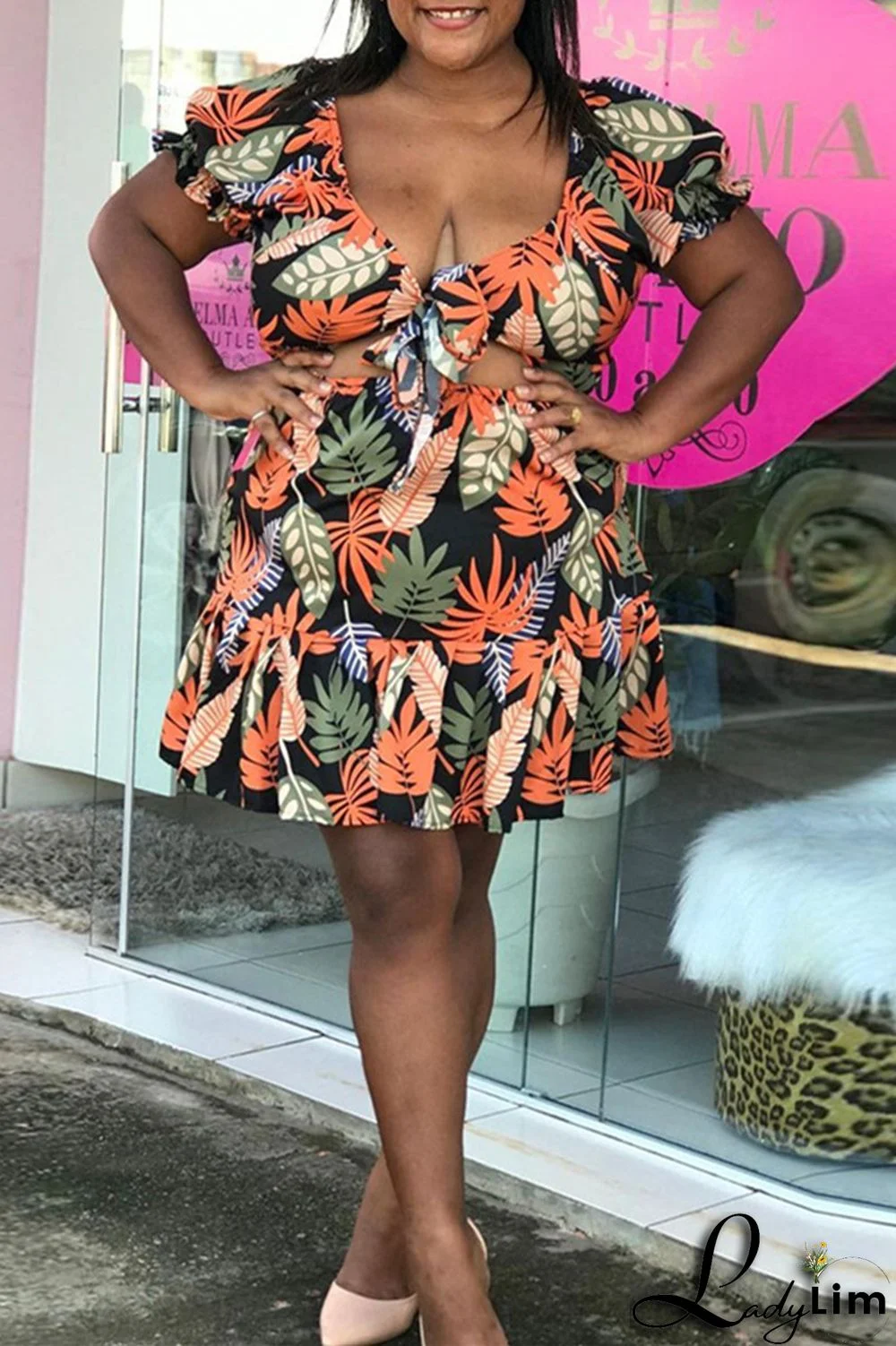 Pink Fashion Sexy Print Bandage V Neck Plus Size Two Pieces