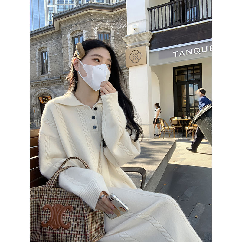 Shockcrush summer fashion athleisure  Medium Length Polo Neck Knitted Dress Women Loose Underwear Bottoming Wool Clothes Dress Street Style Trend