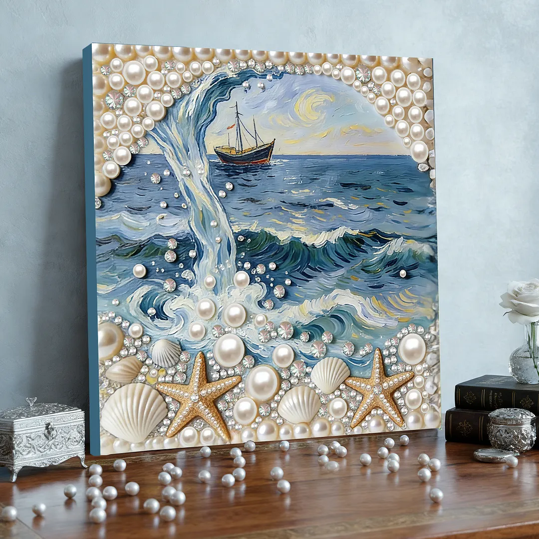 DIY Beach Seashell Starfish Pearl Painting Kit for Adults Beginners Gift Idea Home Wall Decor Pearl Gem Paintings Picture Arts Craft 30x30cm with Frame