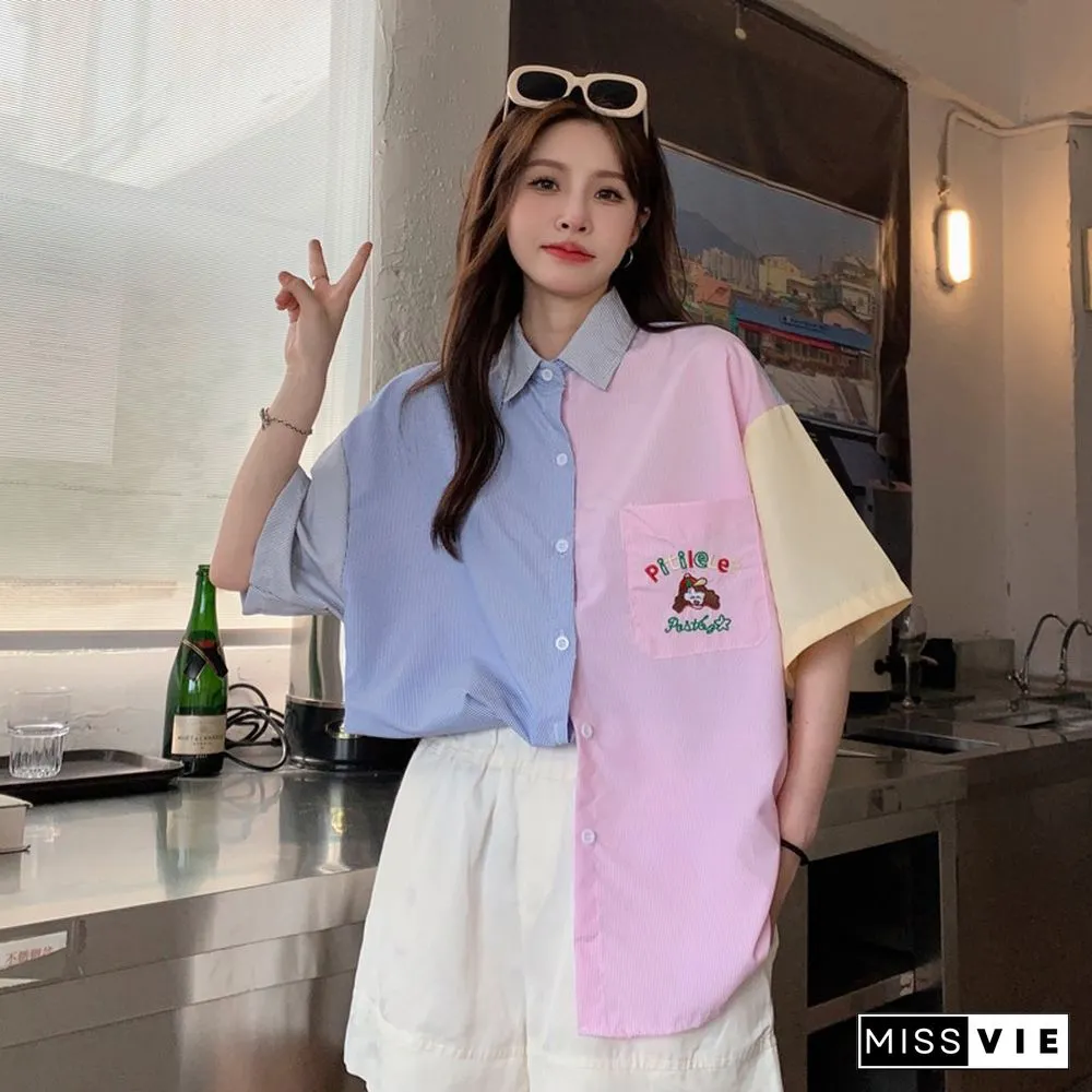 Vintage Colorblock Embroidery Pocket T-Shirt