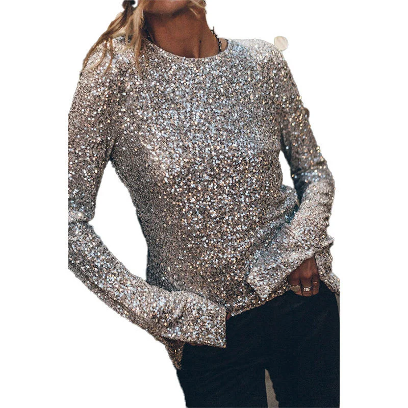 Uveng Uveng Autumn Women's Street Solid Color Round Collar Back Hollow Sequin Jacket 661