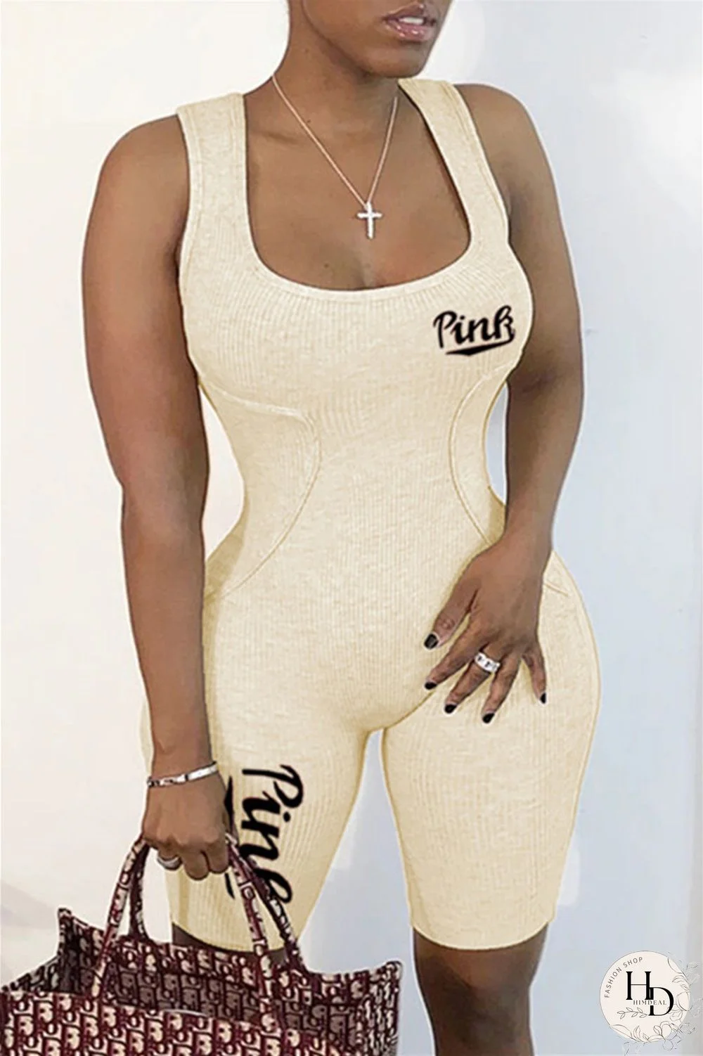 Khaki Fashion Sportswear Letter Print Basic U Neck Skinny Romper