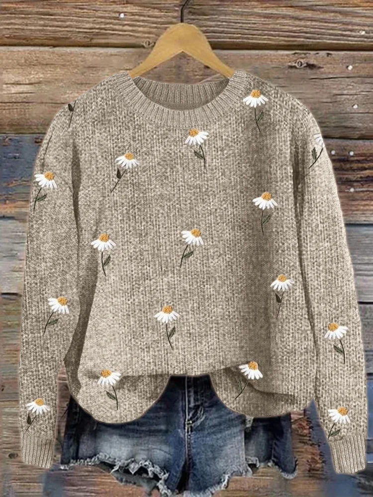Daisy Embroidery Pattern Cozy Knit Sweater