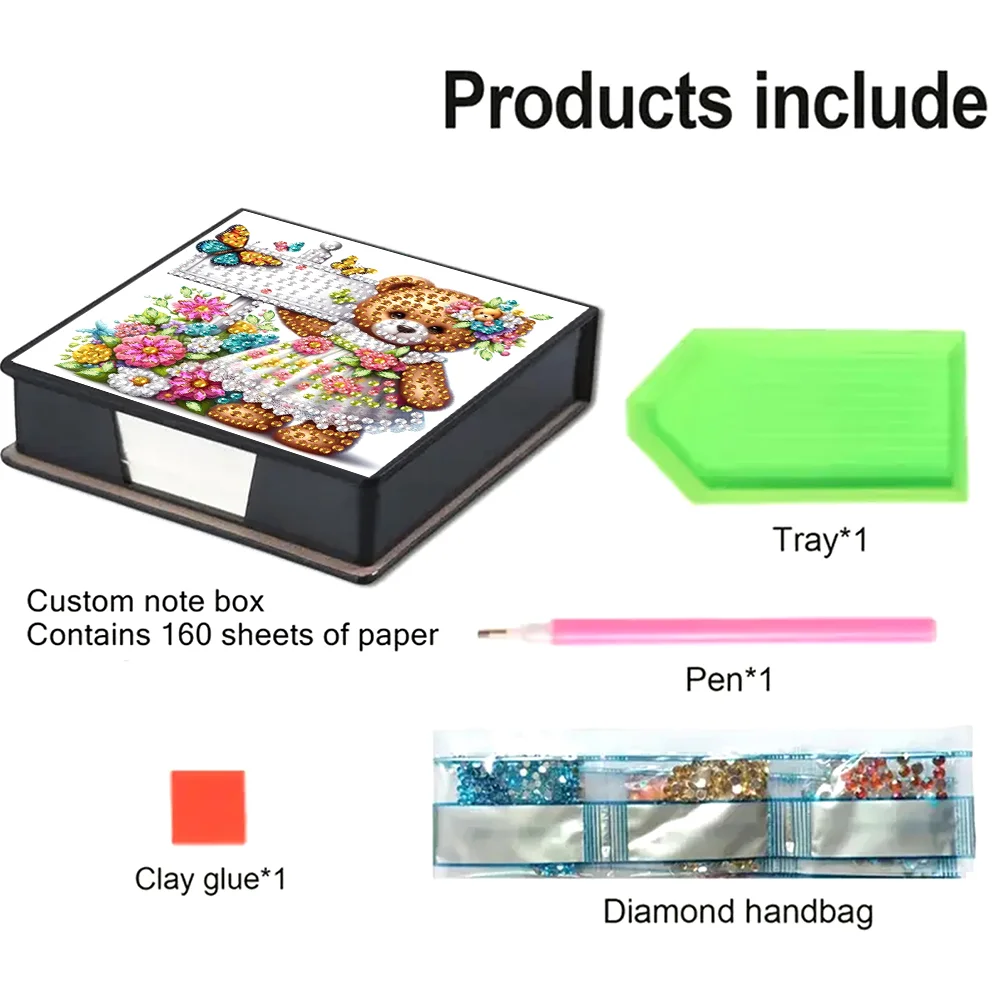 PU Bear Diamond Painting Notecard Box with 160 Sheets of Paper for Adults