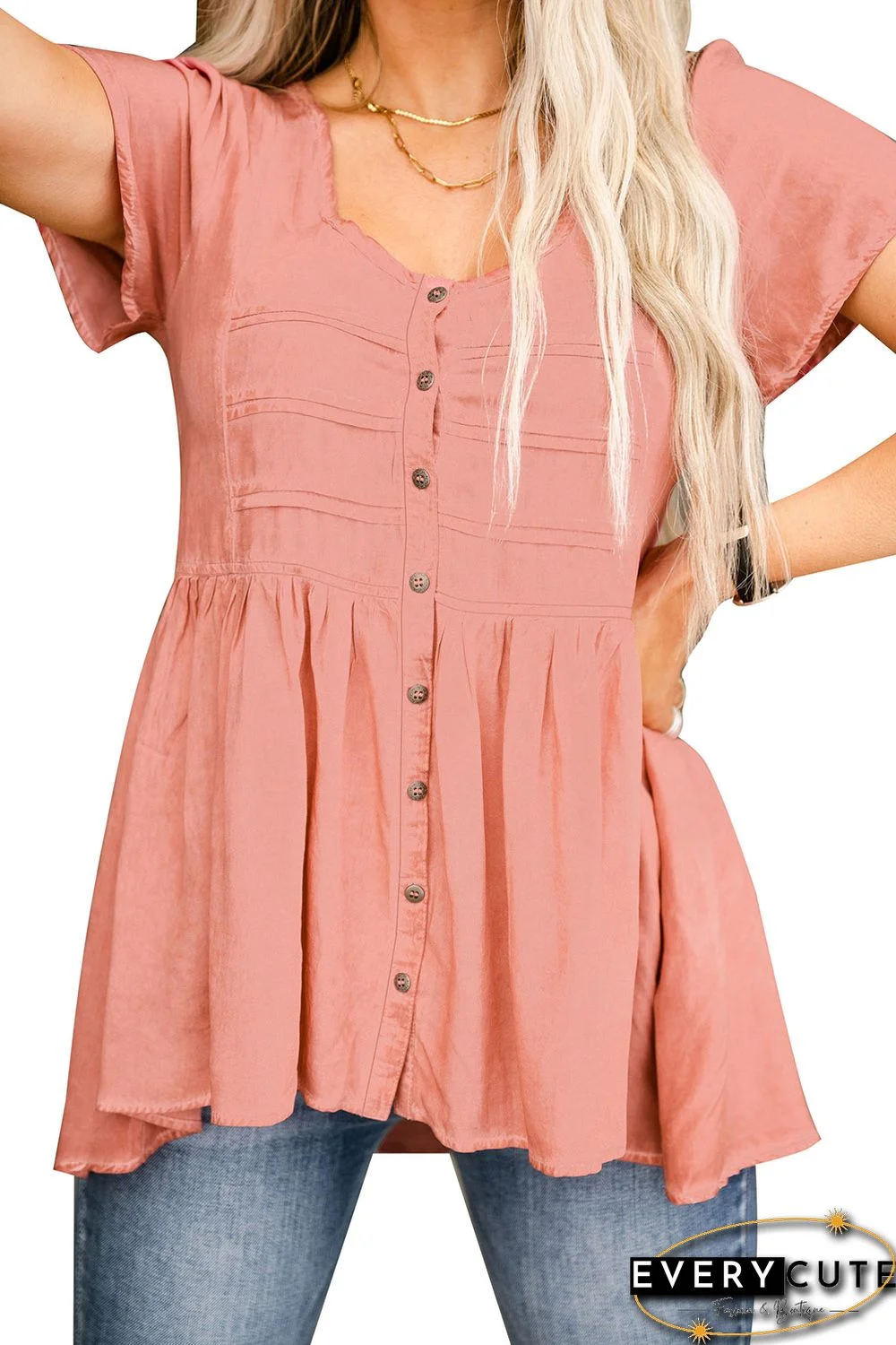 Pink Flounce Pleated Buttoned Short Sleeve T Shirt