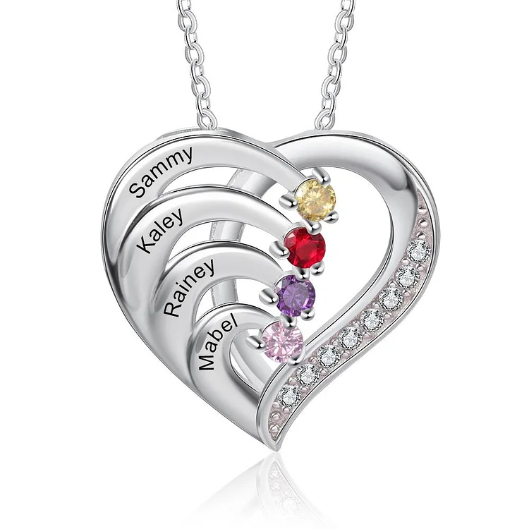 Personalized Mother Necklace 4 Stones Engraved 4 Names Birthstone Family Heart Pendant