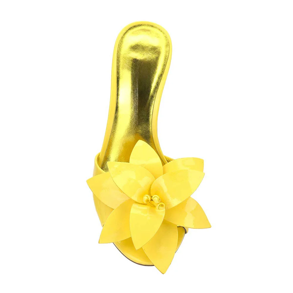 Yellow Flower Decor Open Round Toe Stiletto Heel Slides for Women
