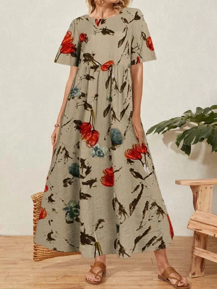 Women's Scoop Neck Short Sleeve Printed Maxi Dress