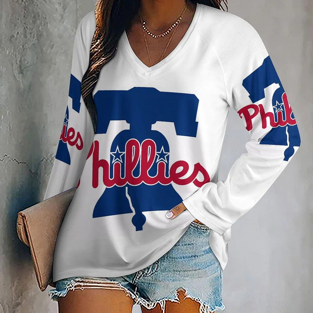 V-neck Long Sleeve Casual T-shirt for  Women and Men Printed with Pattern  , Blue, Red