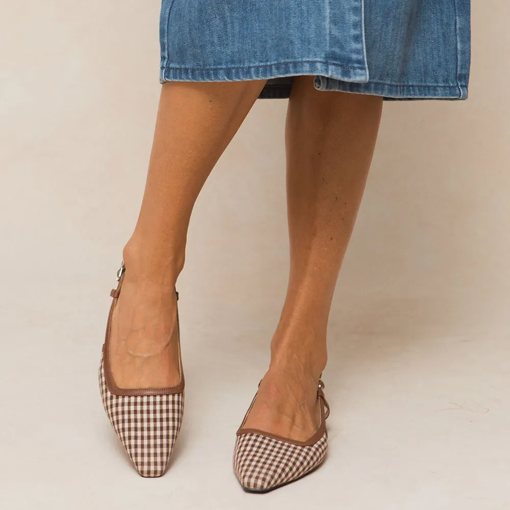 Brown & White Plaid Square Toe Slingback Flat Shoes for Women