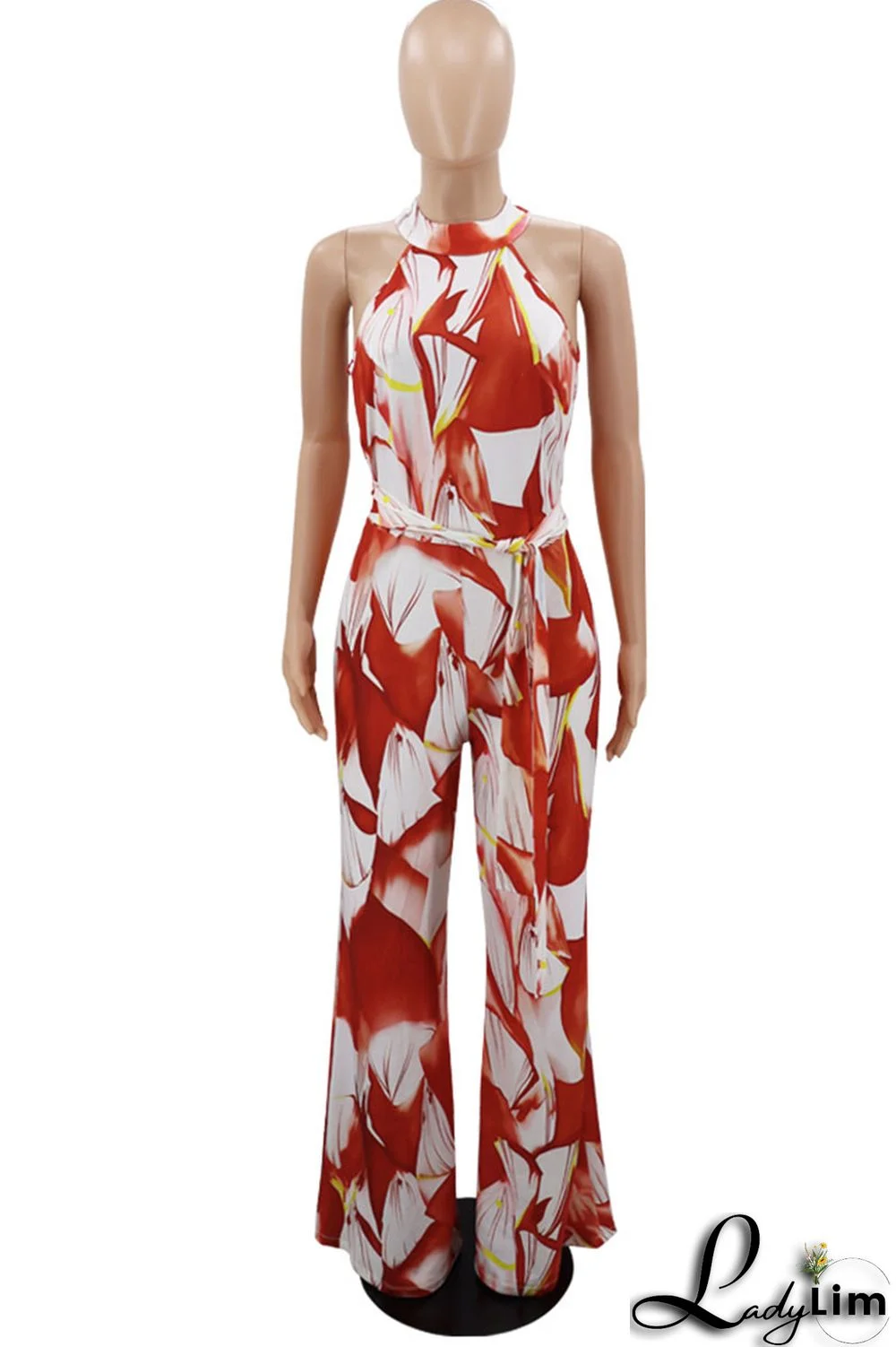 Red Casual Print Bandage Split Joint O Neck Straight Jumpsuits