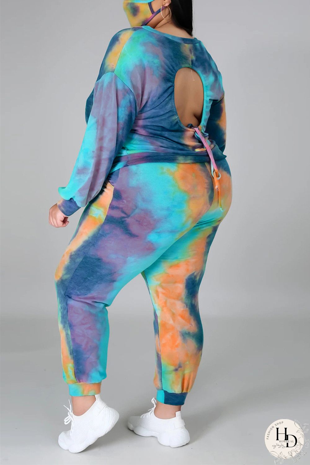 Dark Blue Fashion Casual Print Tie Dye Tie-dye Backless O Neck Plus Size Set