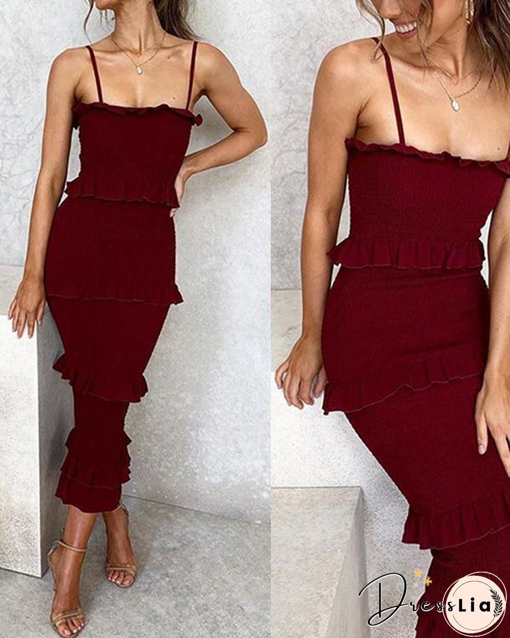 Fashion Slim Pleated Sling Cake Midi Dress