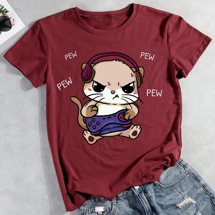 Gaming Cat Round Neck T-shirt