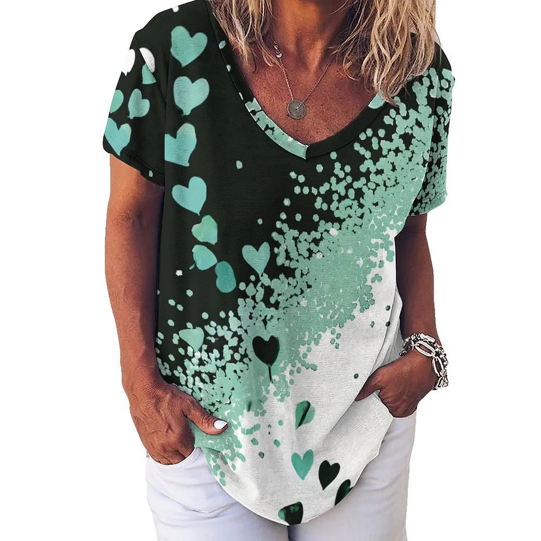 V-neck Short Sleeve Casual T-shirt for  Women Printed with Pattern Butterfly, Green, Dark Green