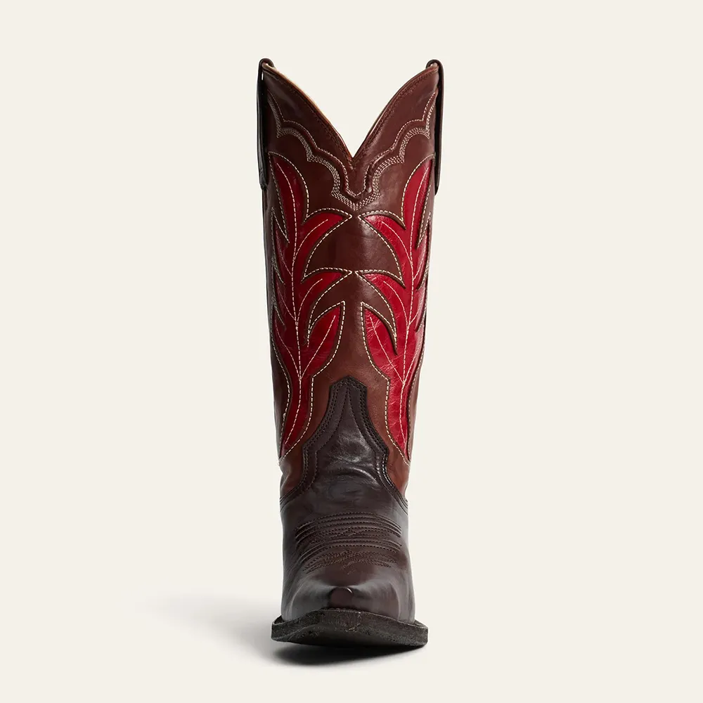 Brown & Tan Leaf Patchwork Inlay Snip Toe Cowboy Boots with Mid Calf