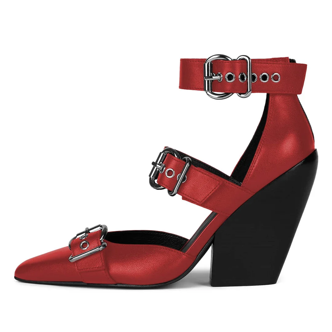 Red Vegan Leather Grommets Strap Square Toe Buckle Pumps Heels