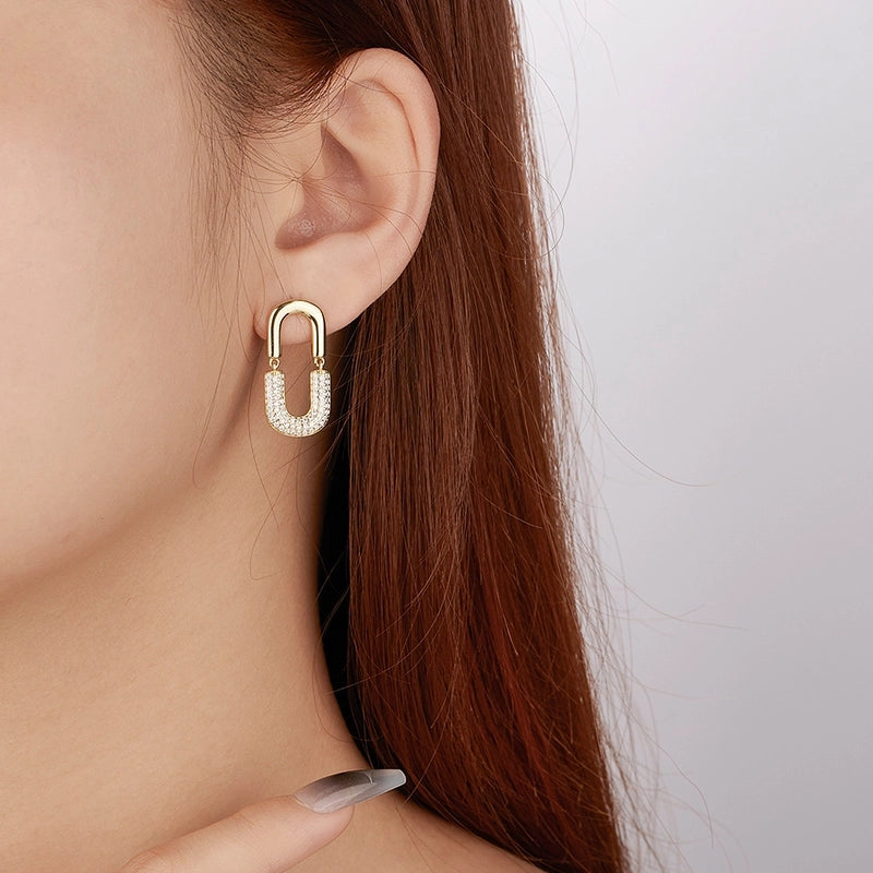 1 Pair 18K Gold Plated 925 Sterling Silver Zircon U Shape Ear Studs