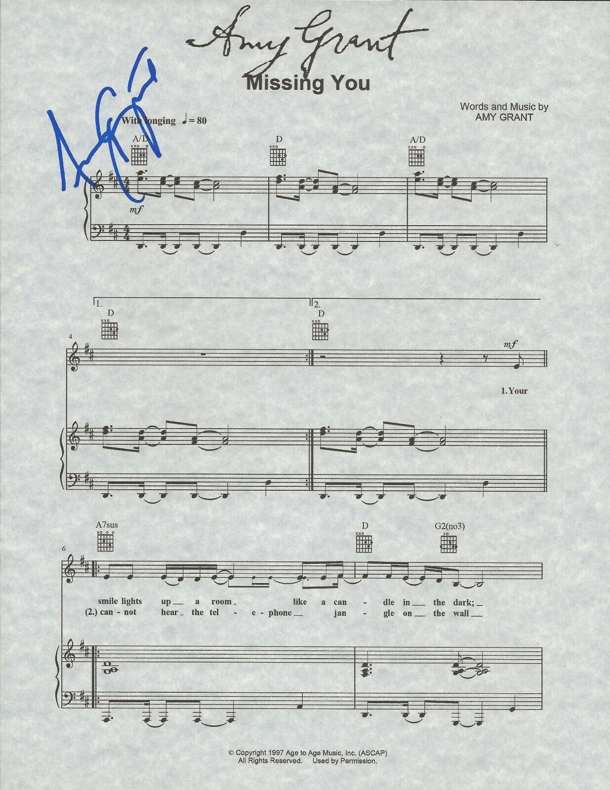 Amy Grant REAL hand SIGNED Missing You Sheet Music COA Autographed Christian