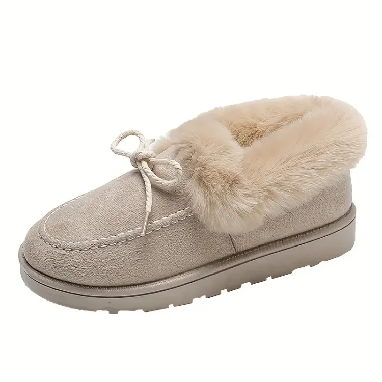 Women's Fluffy Plush Lined Snow Boots, Bowknot Slip On Fuzzy Flat Short Boots, Winter Warm Outdoor Ankle Boots