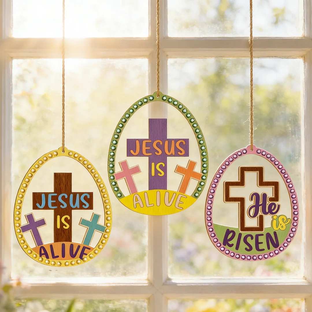 10Pcs Easter Cross DIY Unfinished Graffiti Wooden Pendant Wood Graffiti Crafts Hanging Ornaments for Living Room Office Party Decoration