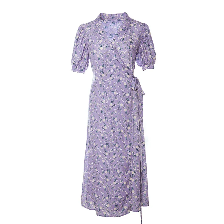 Vintage Purple Floral Midi Dress - yankia