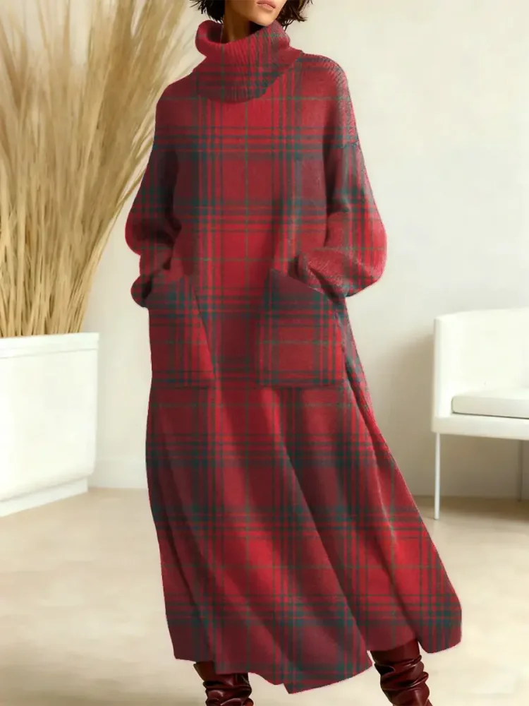 Women's Vintage Plaid Art Print Casual Cotton Knitted Dress