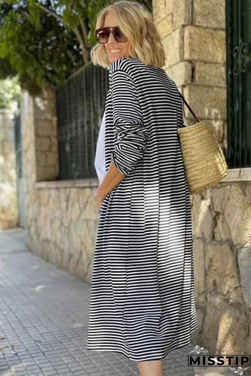 Stripe Open Front Long Cardigan