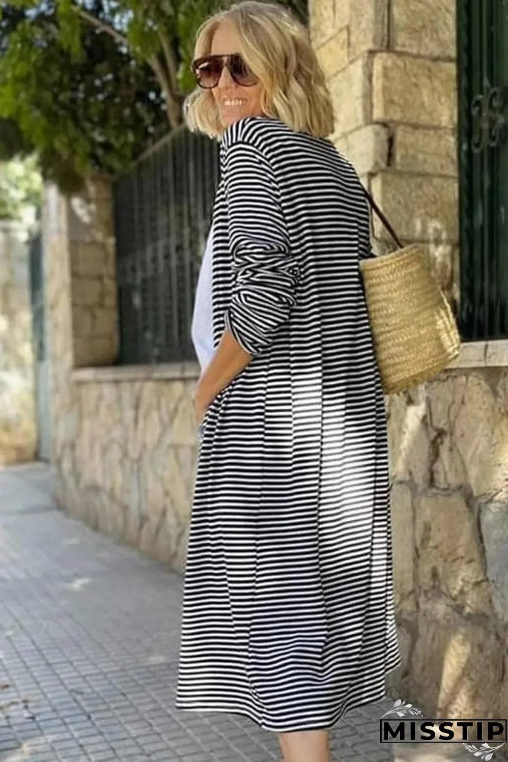 Stripe Open Front Long Cardigan