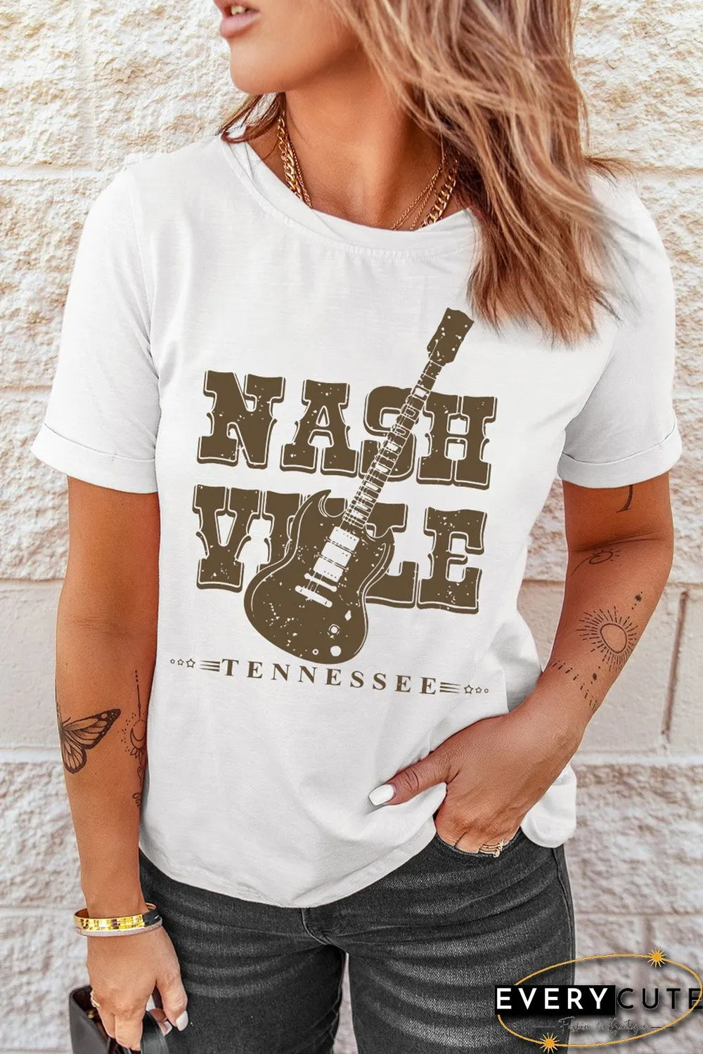 White NASHVILLE Country Music Theme Graphic Tee