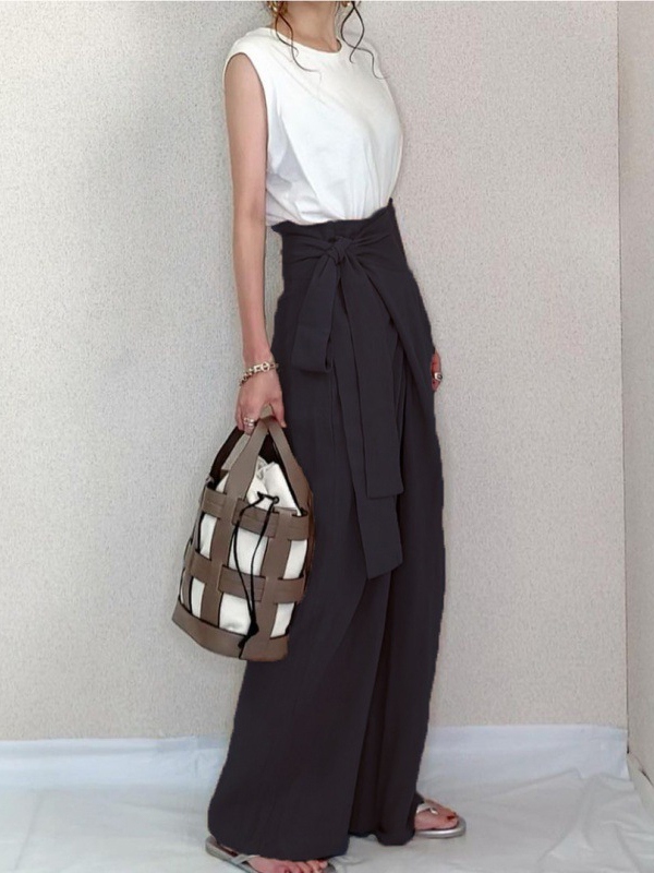 High Rise Waist Bow Tie Detail Wide Leg Pants